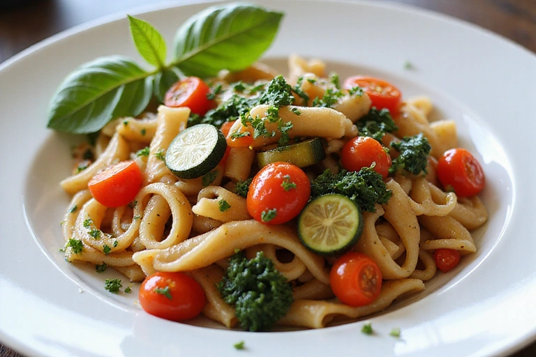 Un piatto di pasta integrale con verdure fresche