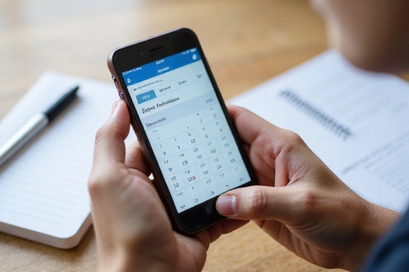 Hände halten Smartphone mit Kalender-App und Stift