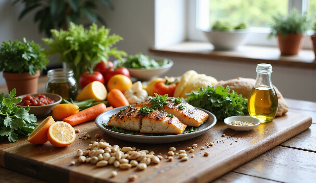 Tavola imbandita con cibi freschi mediterranei come verdure, frutta, olio d'oliva, pesce e cereali integrali, in un ambiente luminoso e naturale.
