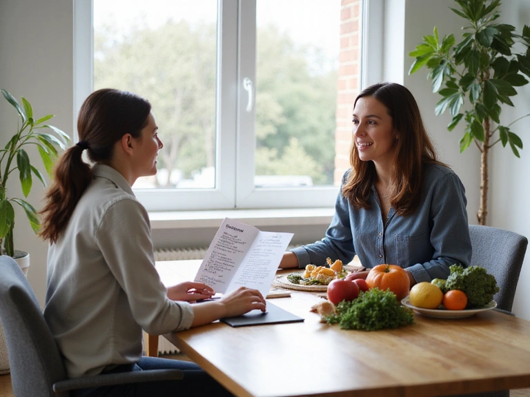 Nutrizionista che offre una consulenza personalizzata a un cliente, mostrando un piano alimentare