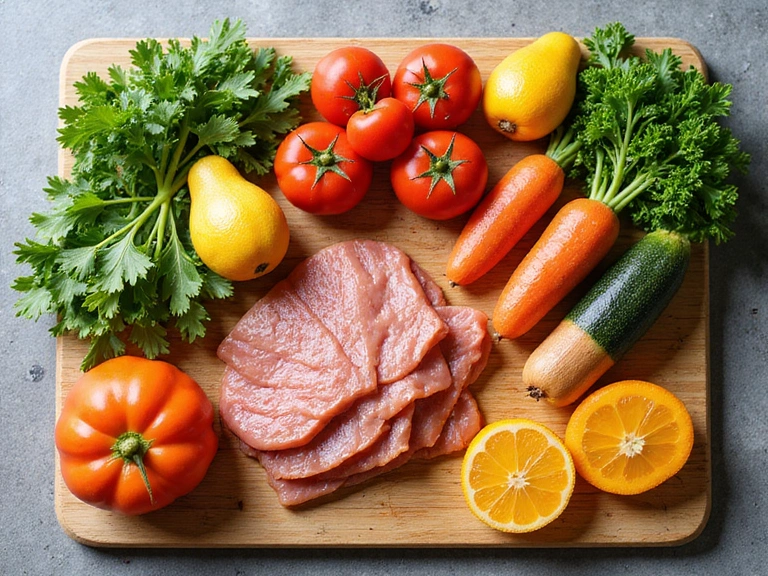 Varie verdure e alimenti sani disposti su un tagliere, simboleggiando la nutrizione per condizioni specifiche