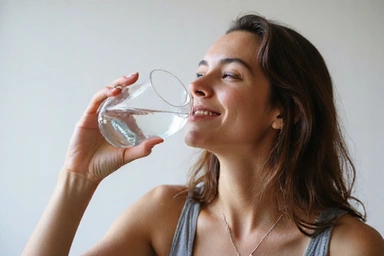 Bild einer Person, die Wasser trinkt und sich energiegeladen fühlt, was die Bedeutung der Hydratation hervorhebt.