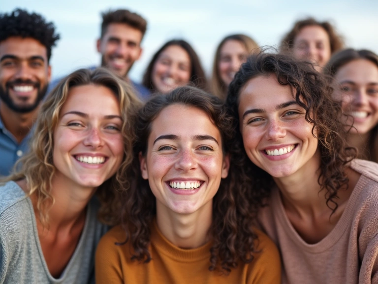 Eine diverse Gruppe lachender, gesunder Menschen, die Vielfalt und Wohlbefinden ausstrahlt.